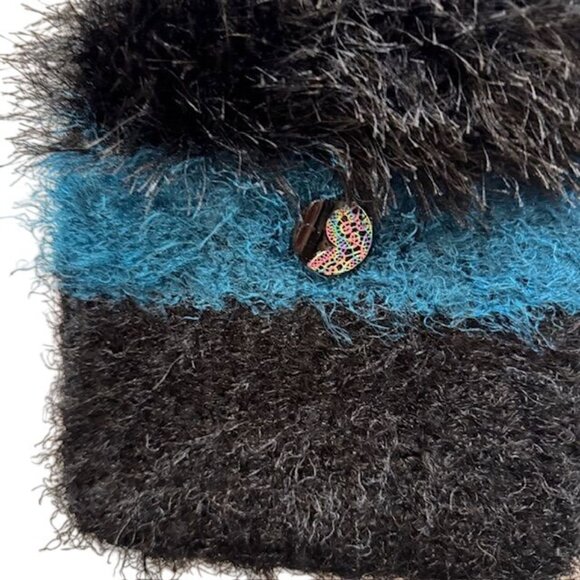 Handcrafted Black & Blue Fuzzy Crossbody Bag With Ornate Button Accent - Picture 2 of 7